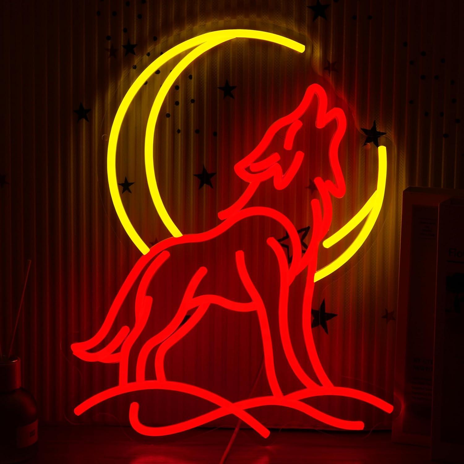 Wall Decor Lighting - 울고 있는 늑대 네온사인, 달 모양
